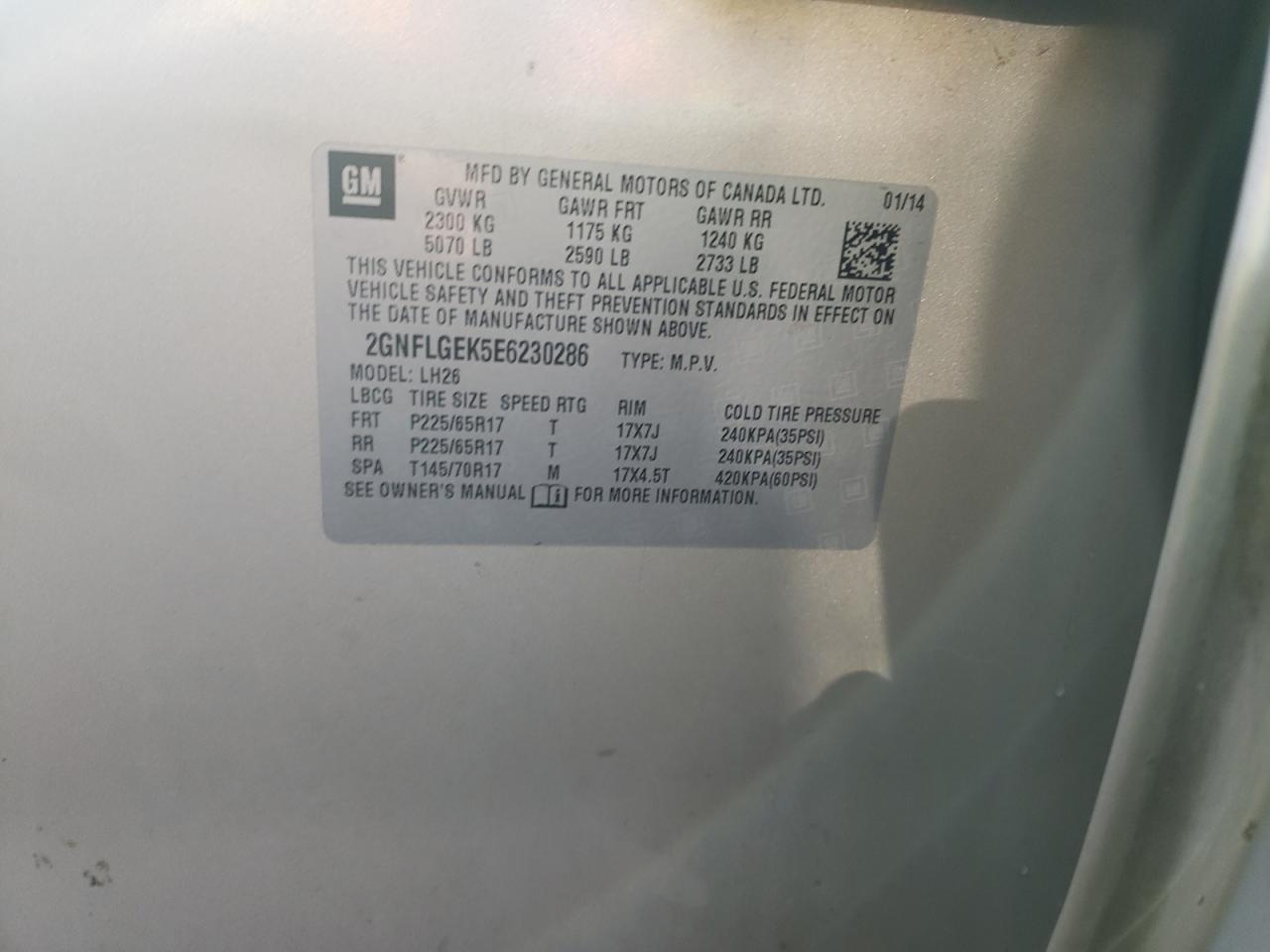 Photo 10 from auction – 2014 CHEVROLET EQUINOX LT with VIN 2GNFLGEK5E6230286