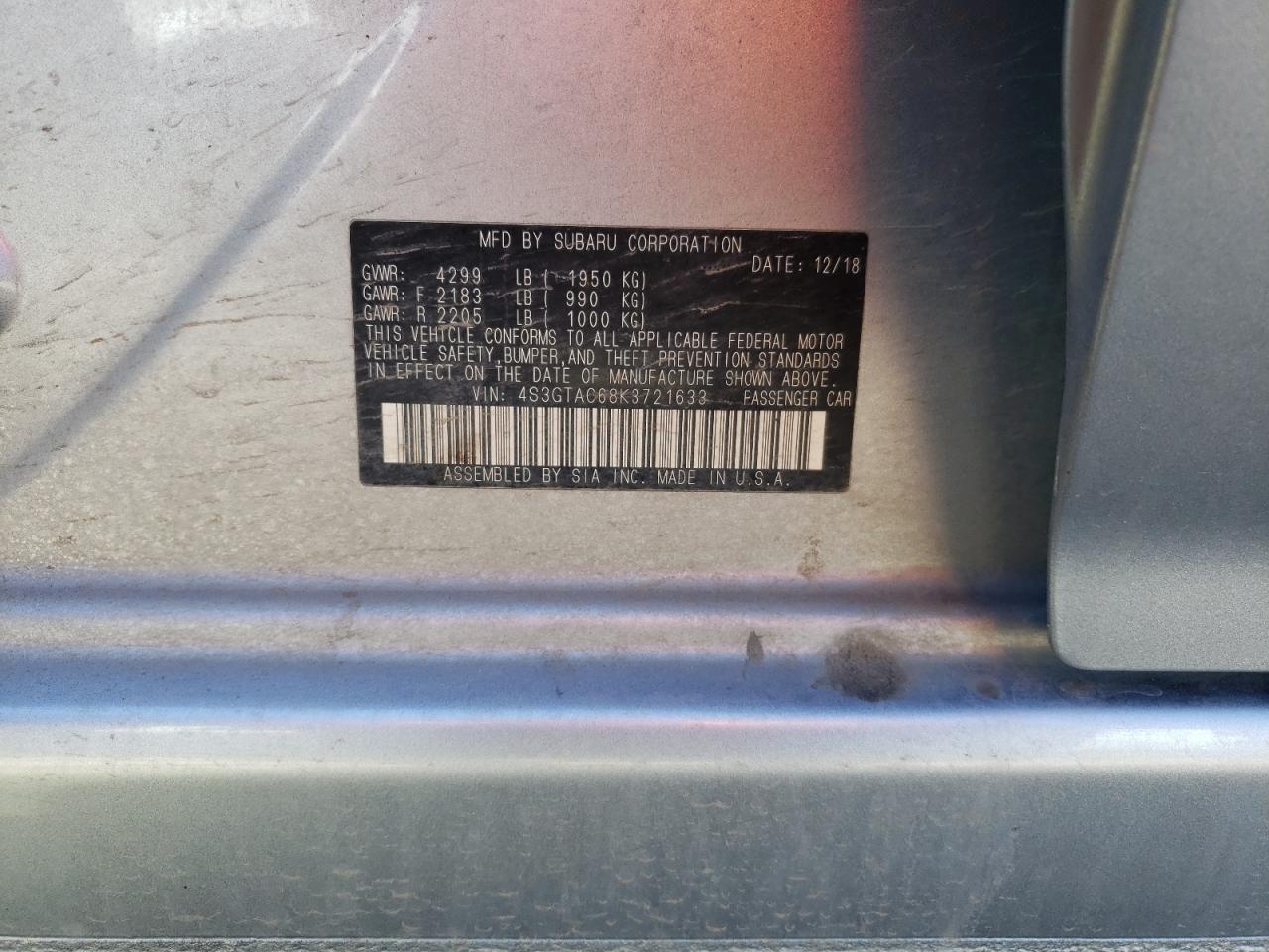 Photo 10 from auction – 2019 SUBARU IMPREZA PR with VIN 4S3GTAC68K3721633