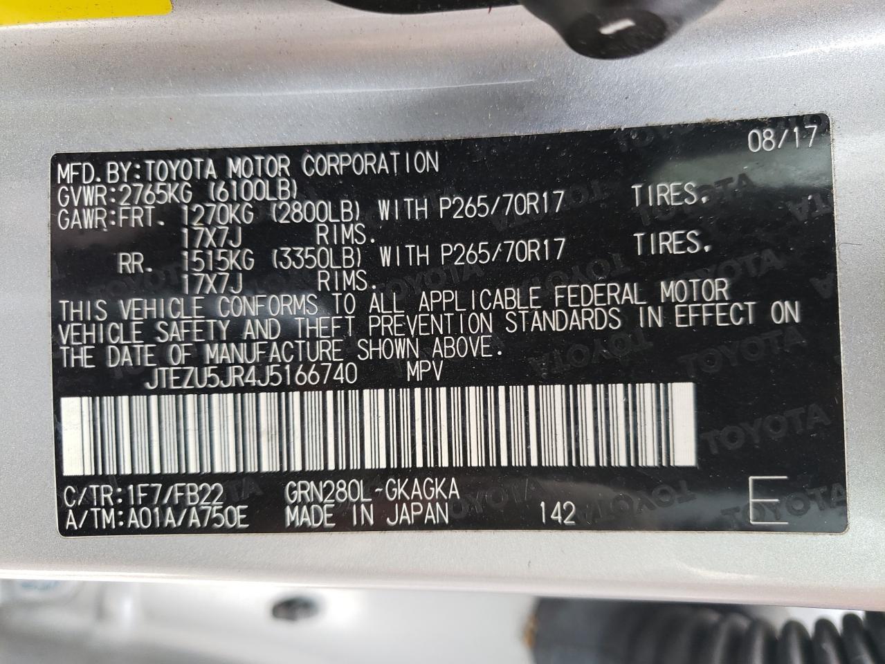 Photo 10 from auction – 2018 TOYOTA 4RUNNER SR with VIN JTEZU5JR4J5166740