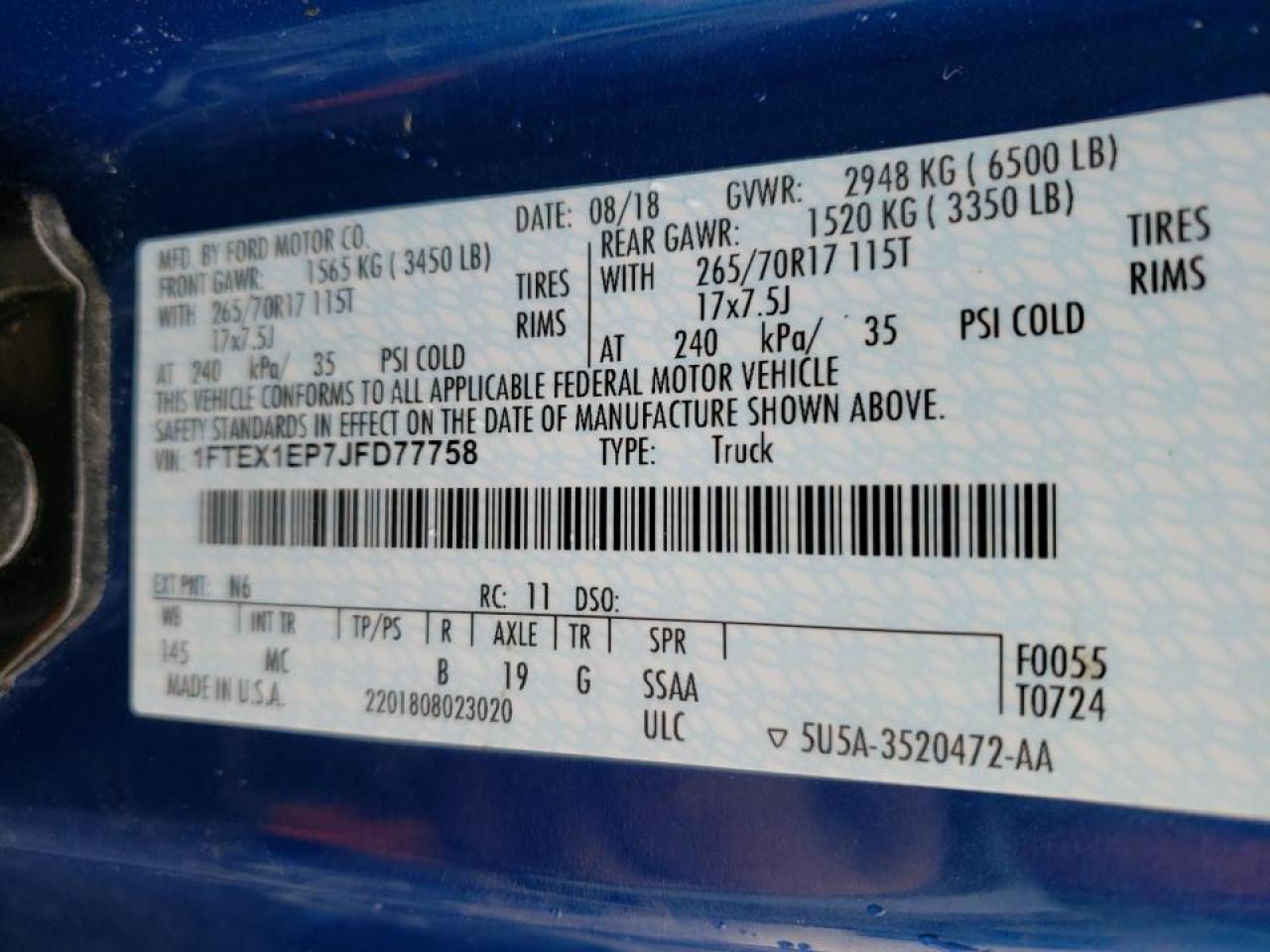 Photo 10 from auction – 2018 FORD F150 SUPER with VIN 1FTEX1EP7JFD77758