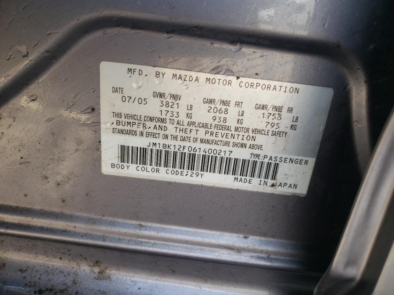 Photo 10 from auction – 2006 MAZDA 3 I with VIN JM1BK12F061400217