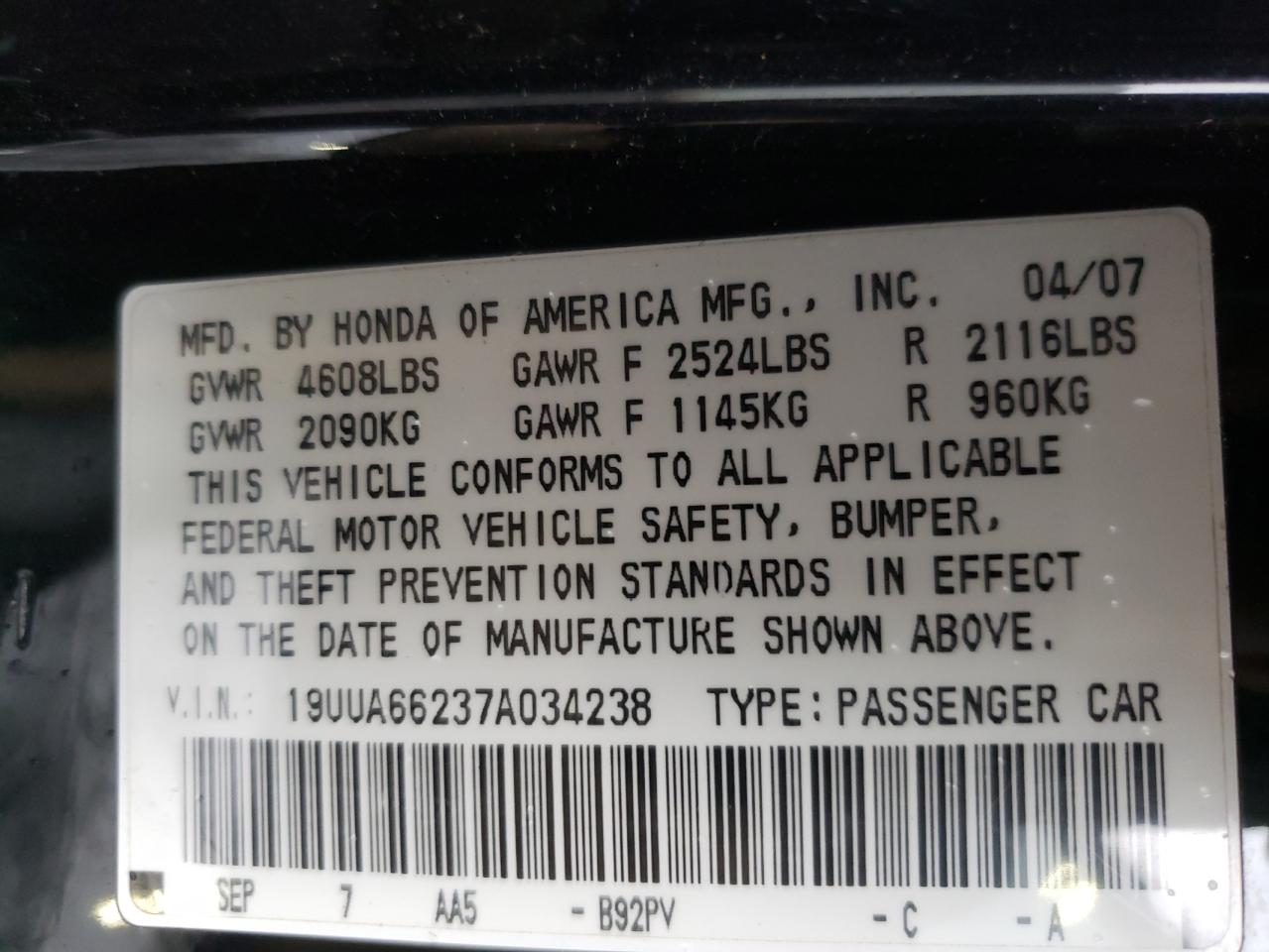 Photo 10 from auction – 2007 ACURA TL with VIN 19UUA66237A034238