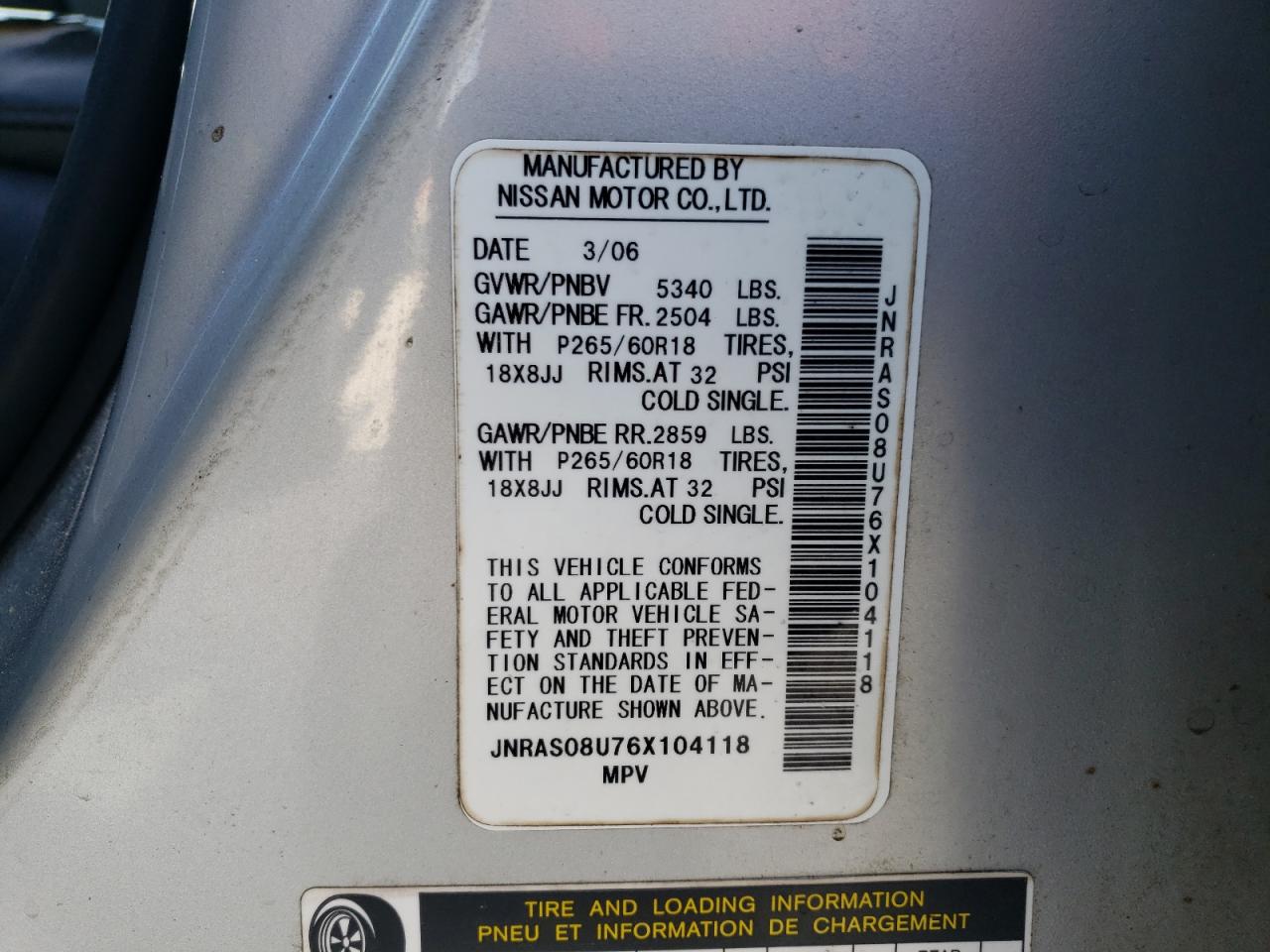 Photo 10 from auction – 2006 INFINITI FX35 with VIN JNRAS08U76X104118