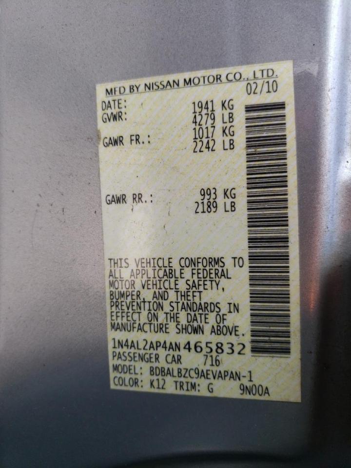 Photo 10 from auction – 2010 NISSAN ALTIMA BAS with VIN 1N4AL2AP4AN465832