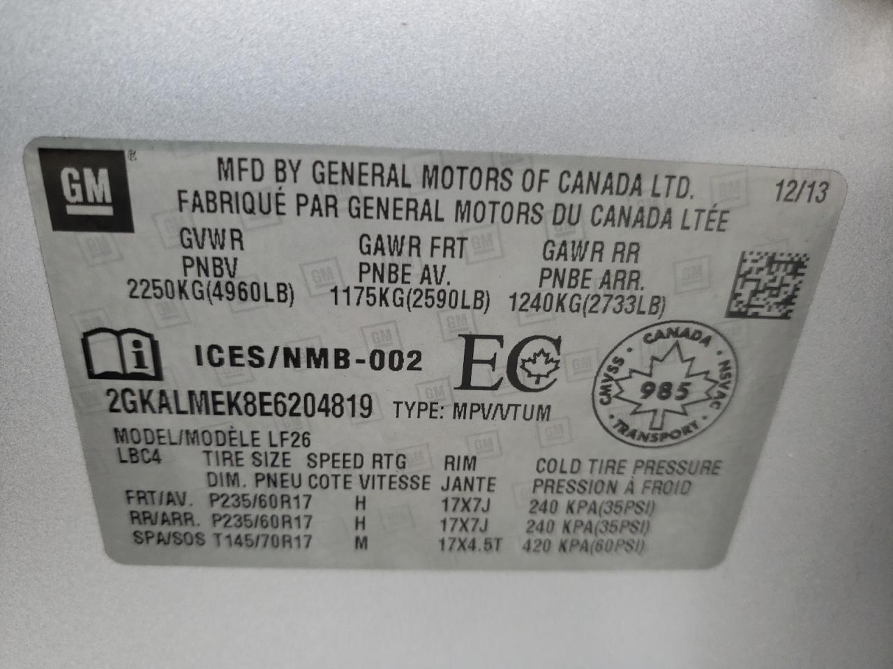 Photo 10 from auction – 2014 GMC TERRAIN SL with VIN 2GKALMEK8E6204819