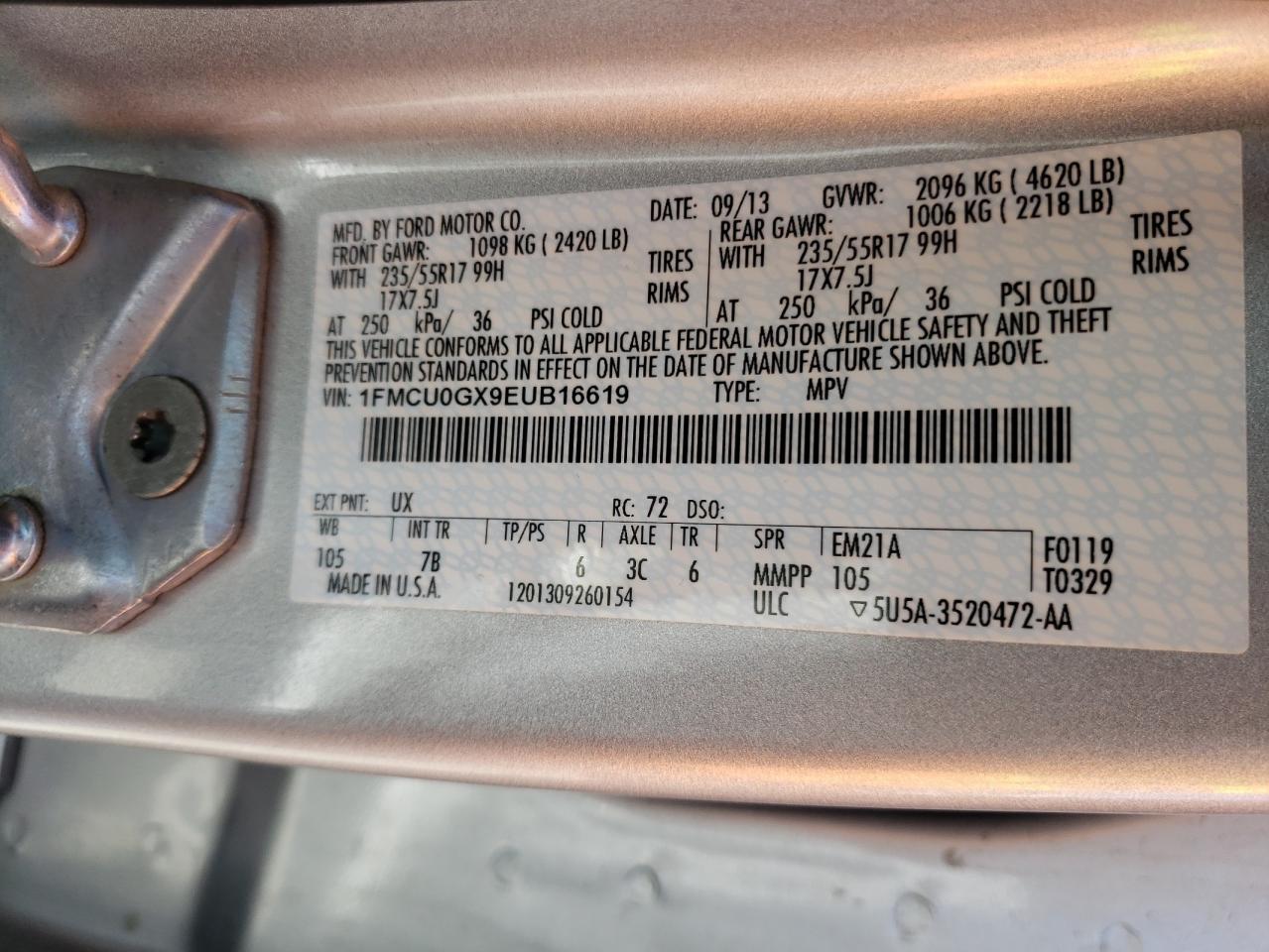 Photo 10 from auction – 2014 FORD ESCAPE SE with VIN 1FMCU0GX9EUB16619