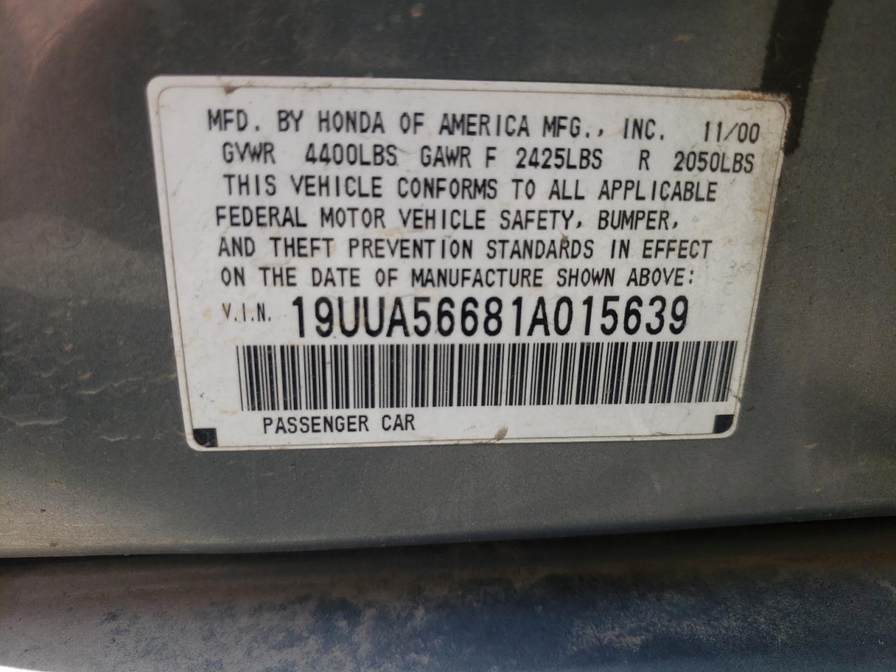 Photo 10 from auction – 2001 ACURA 3.2TL with VIN 19UUA56681A015639