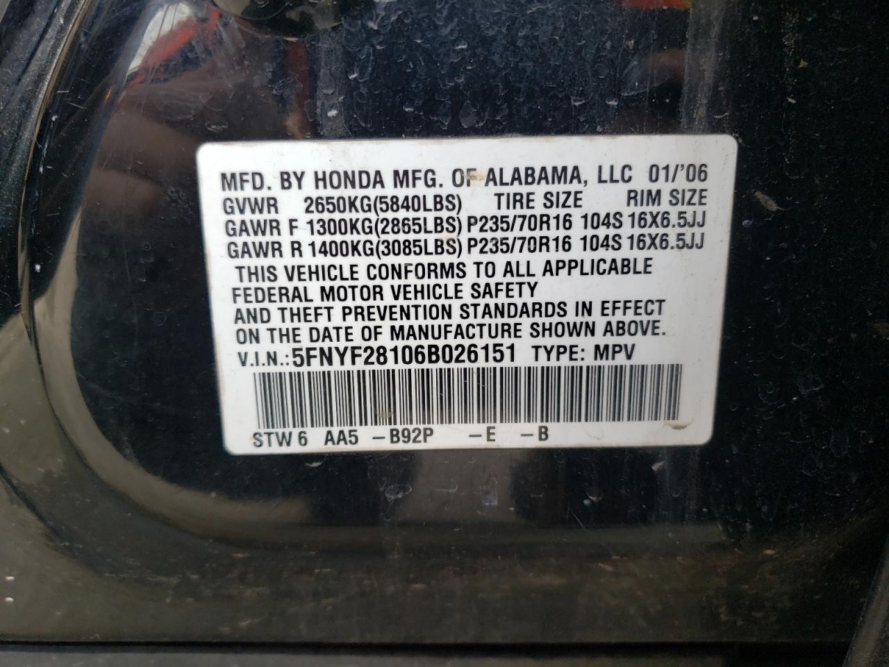 Photo 10 from auction – 2006 HONDA PILOT LX with VIN 5FNYF28106B026151