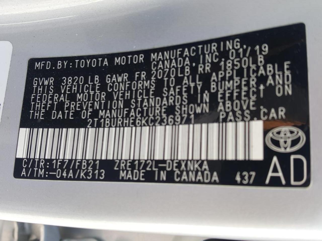 Photo 10 from auction – 2019 TOYOTA COROLLA L with VIN 2T1BURHE6KC236971