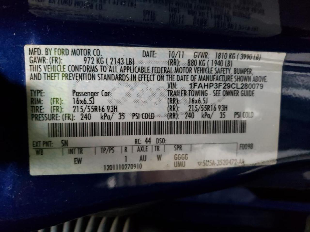 Photo 10 from auction – 2012 FORD FOCUS SE with VIN 1FAHP3F29CL280079