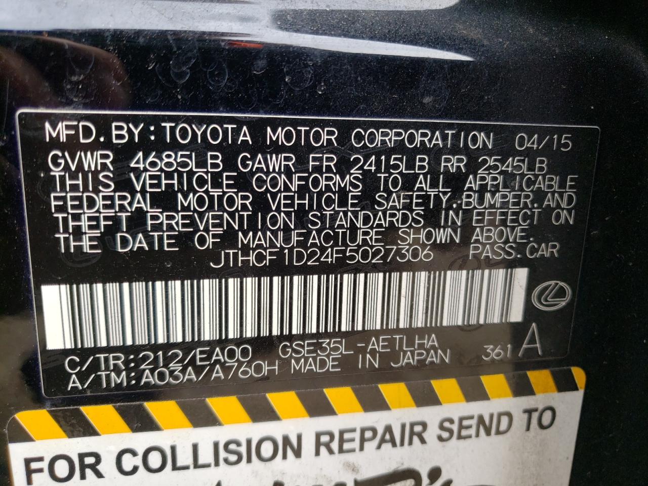Photo 10 from auction – 2015 LEXUS IS 250 with VIN JTHCF1D24F5027306