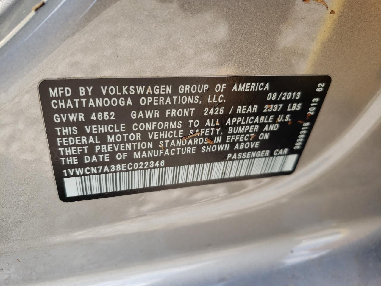 Photo 10 from auction – 2014 VOLKSWAGEN PASSAT SEL with VIN 1VWCN7A38EC022346