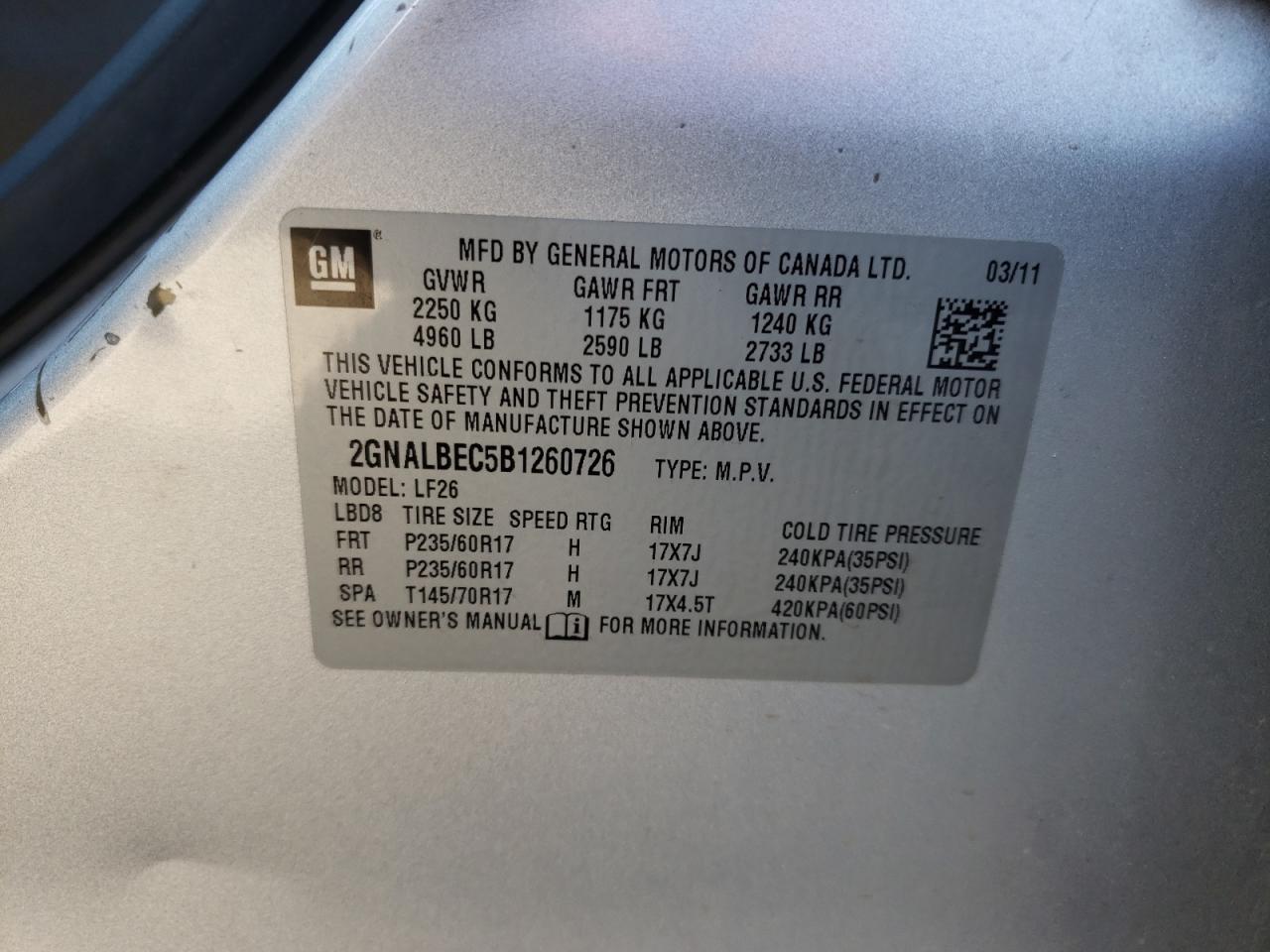 Photo 10 from auction – 2011 CHEVROLET EQUINOX LS with VIN 2GNALBEC5B1260726