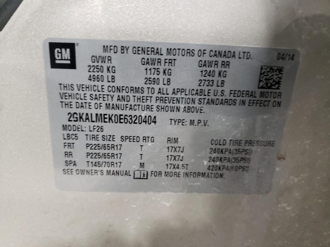 Photo 10 from auction – 2014 GMC TERRAIN SL with VIN 2GKALMEK0E6320404