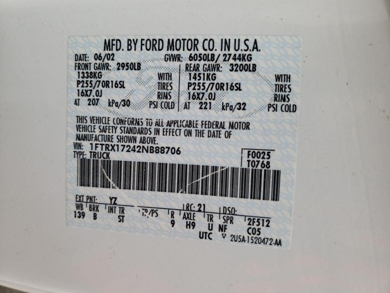 Photo 10 from auction – 2002 FORD F150 with VIN 1FTRX17242NB88706