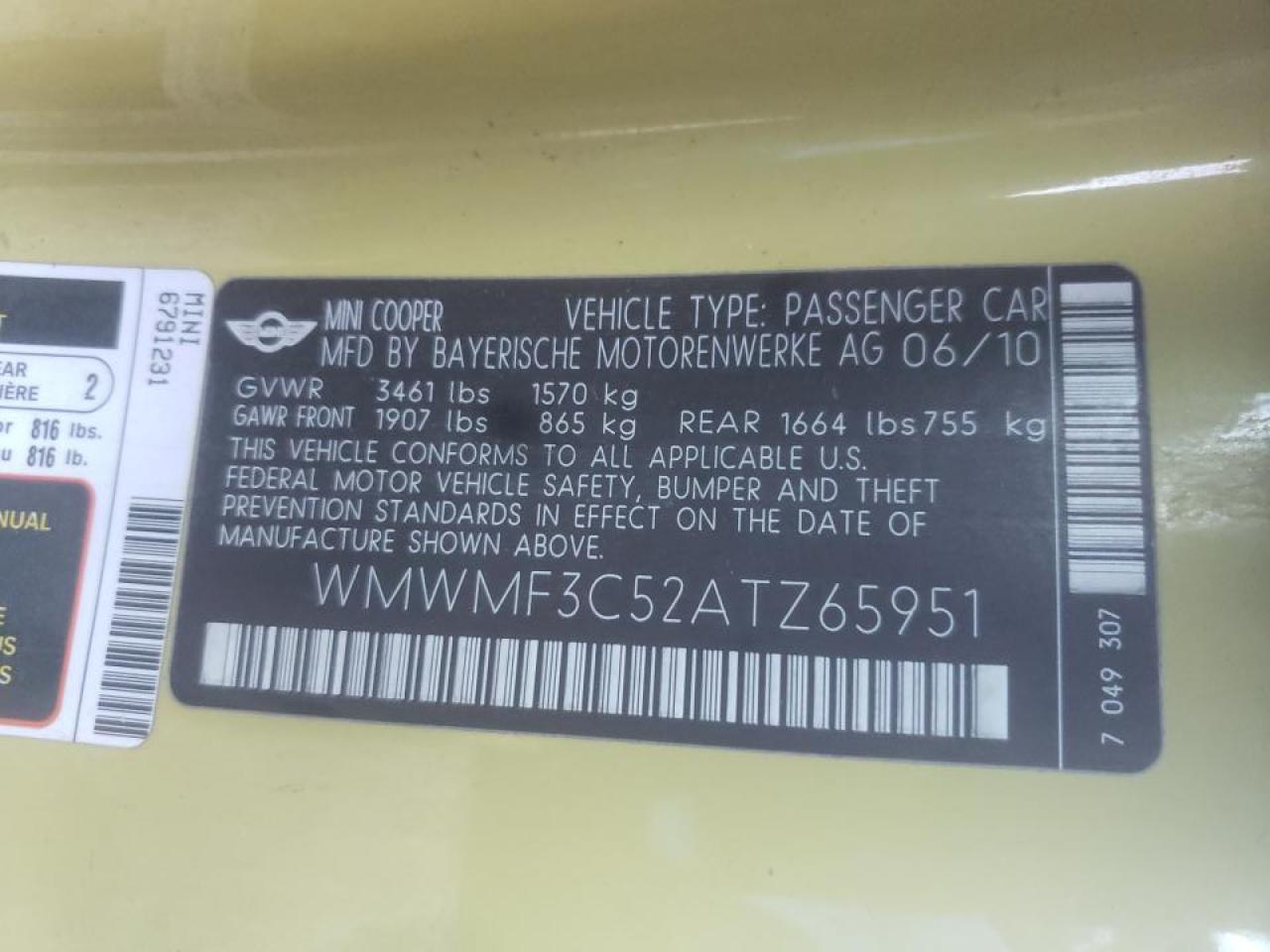 Photo 10 from auction – 2010 MINI COOPER with VIN WMWMF3C52ATZ65951