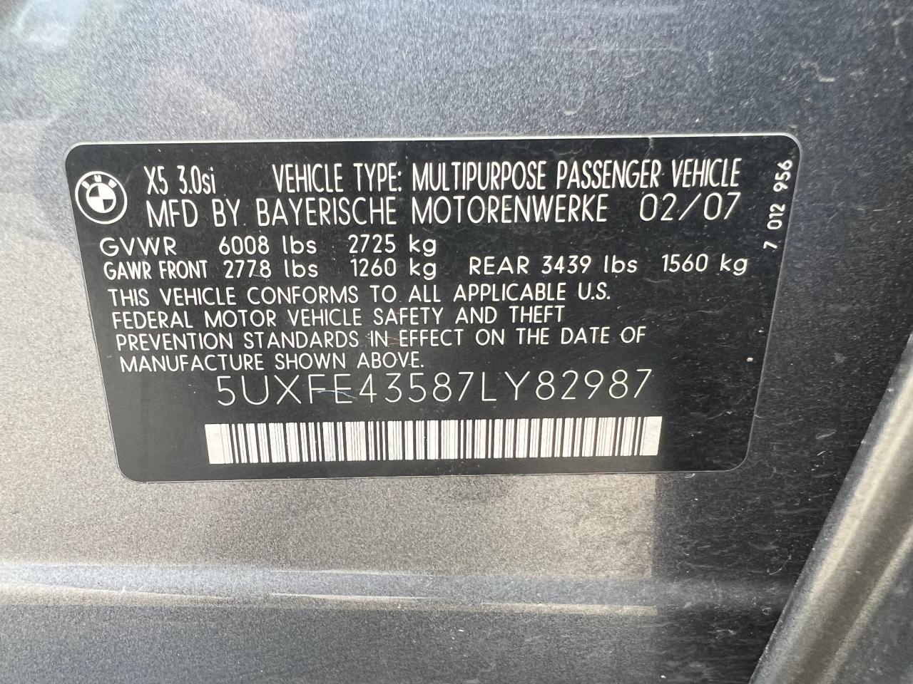 Photo 10 from auction – 2007 BMW X5 3.0I with VIN 5UXFE43587LY82987