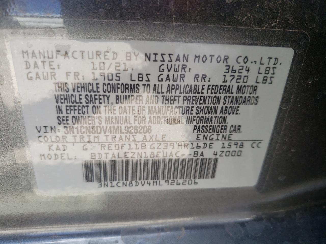 Photo 10 from auction – 2021 NISSAN VERSA S with VIN 3N1CN8DV4ML926206
