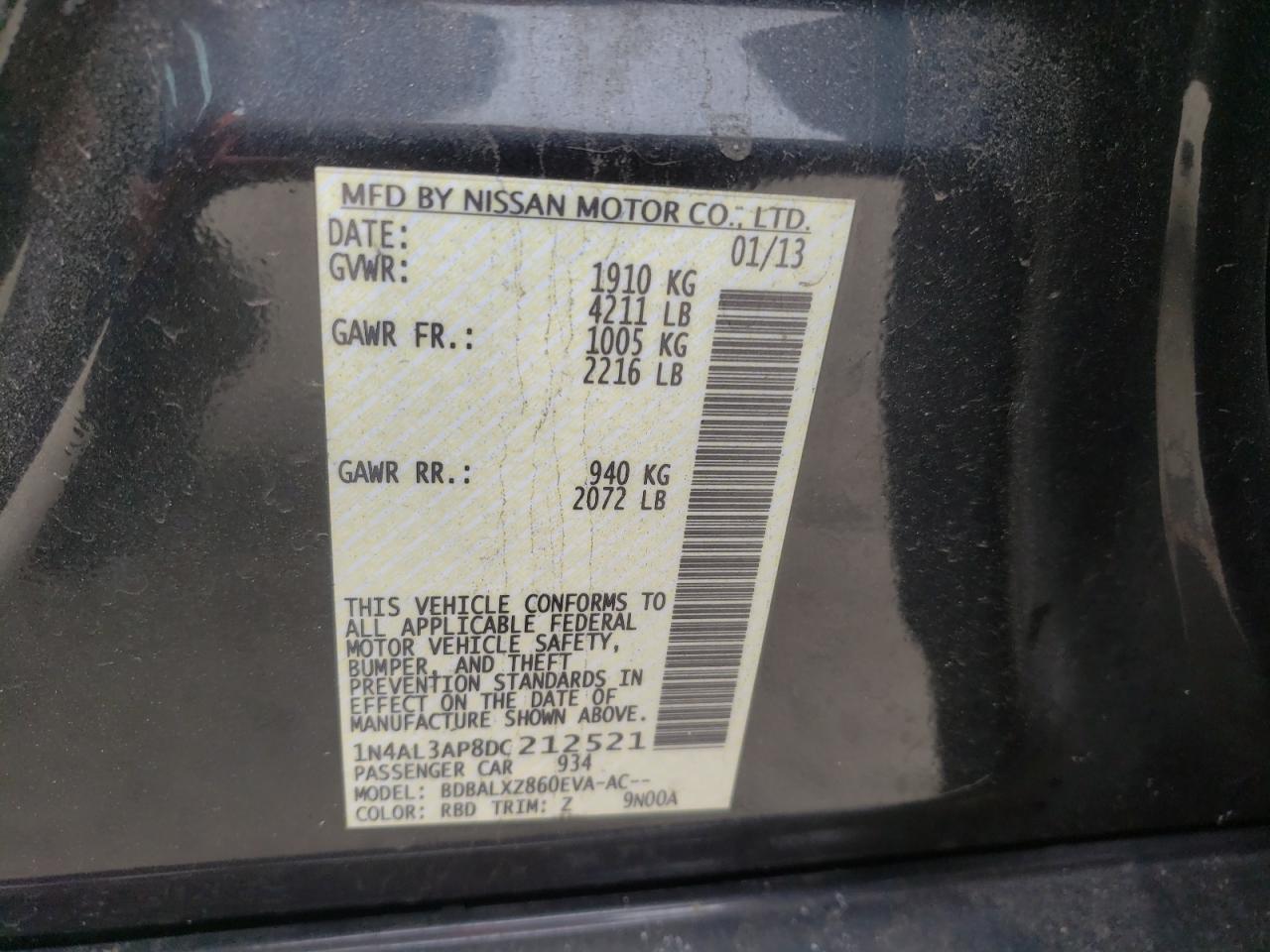 Photo 10 from auction – 2013 NISSAN ALTIMA 2.5 with VIN 1N4AL3AP8DC212521