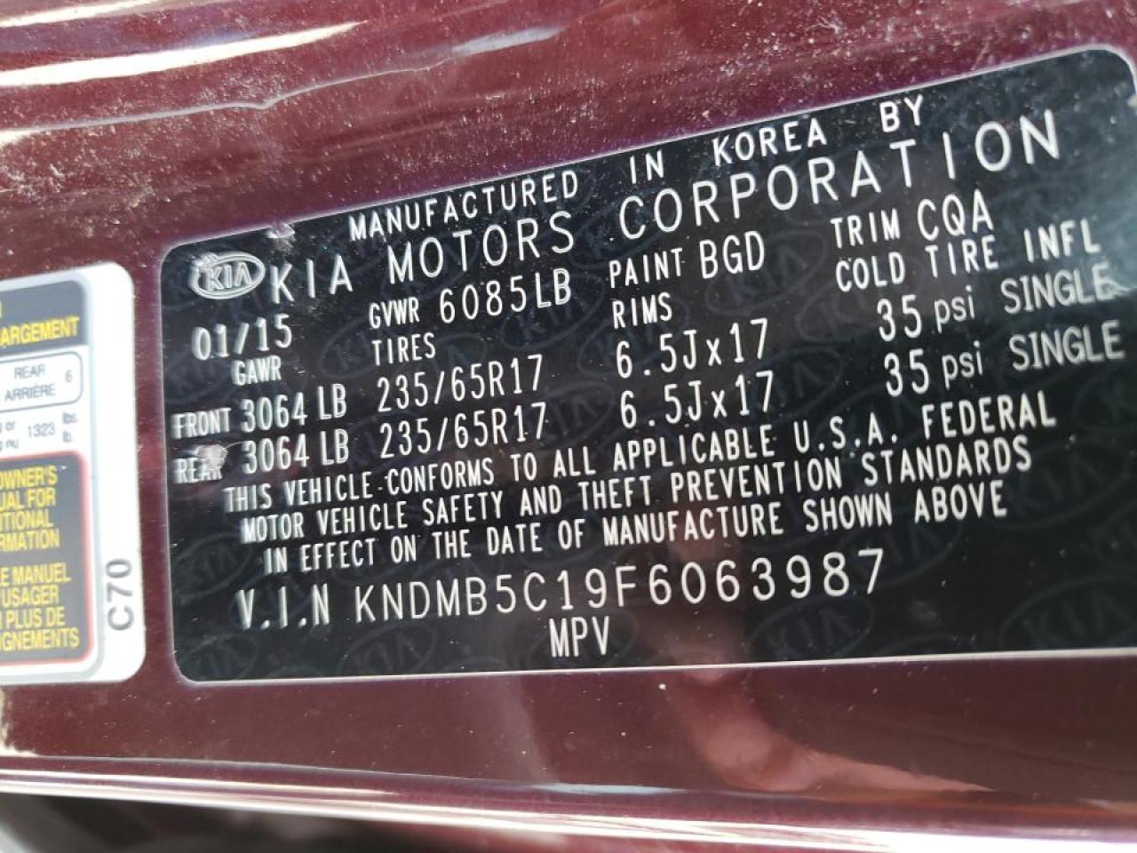 Photo 10 from auction – 2015 KIA SEDONA LX with VIN KNDMB5C19F6063987