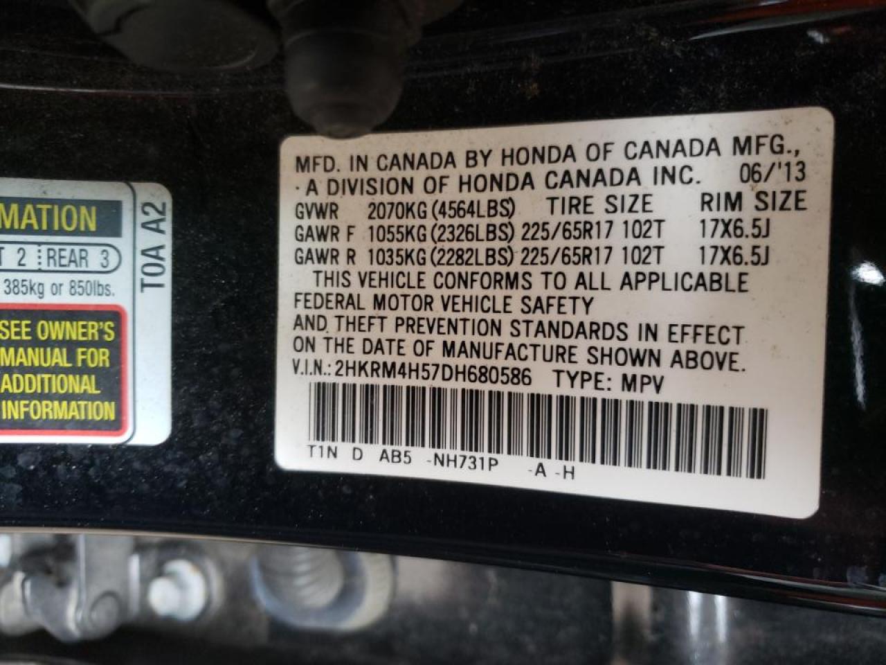 Photo 10 from auction – 2013 HONDA CR-V EX with VIN 2HKRM4H57DH680586