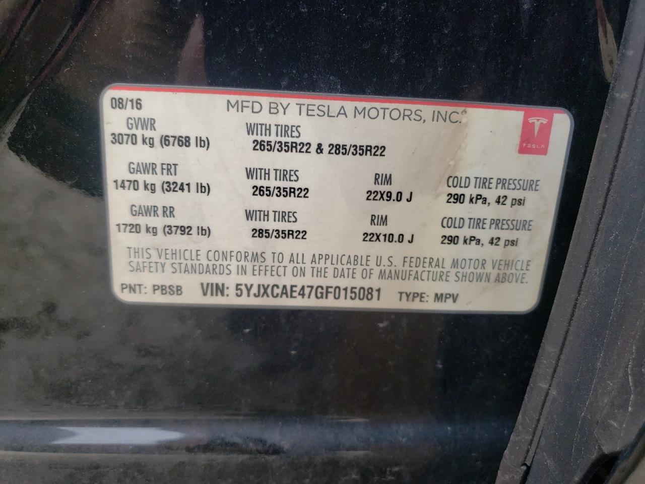 Photo 10 from auction – 2016 TESLA MODEL X with VIN 5YJXCAE47GF015081