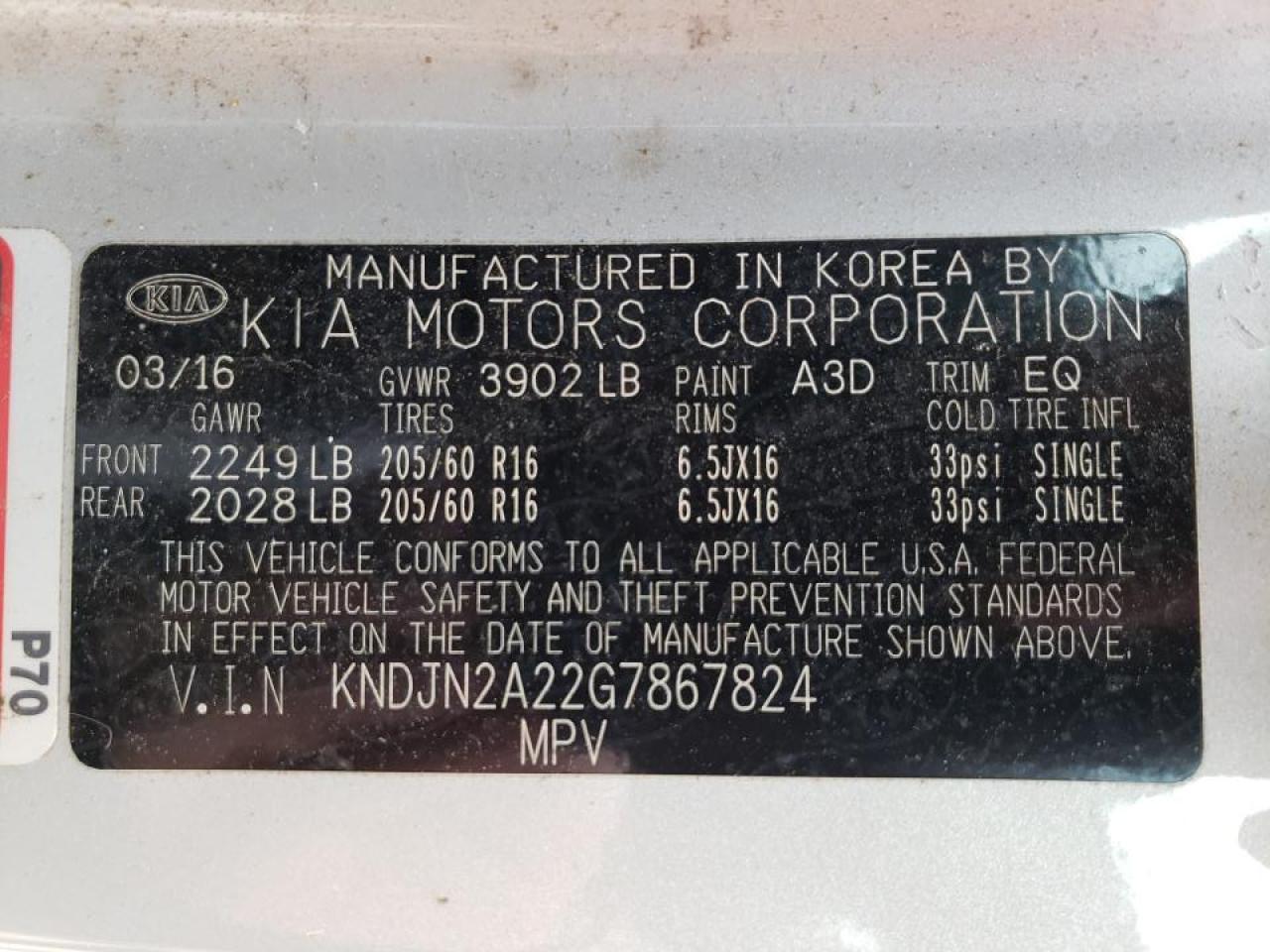 Photo 10 from auction – 2016 KIA SOUL with VIN KNDJN2A22G7867824