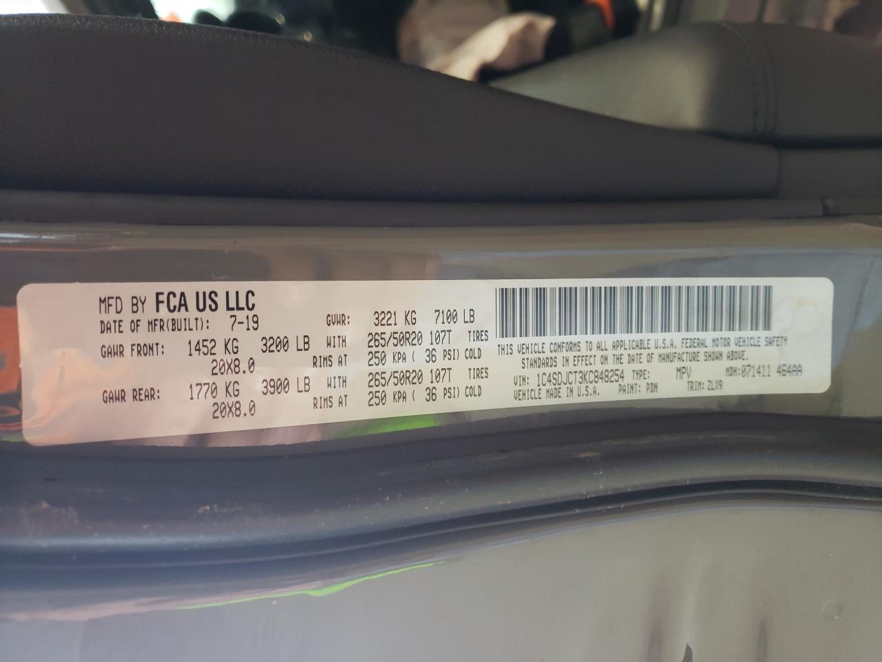Photo 10 from auction – 2019 DODGE DURANGO R/ with VIN 1C4SDJCT3KC848254