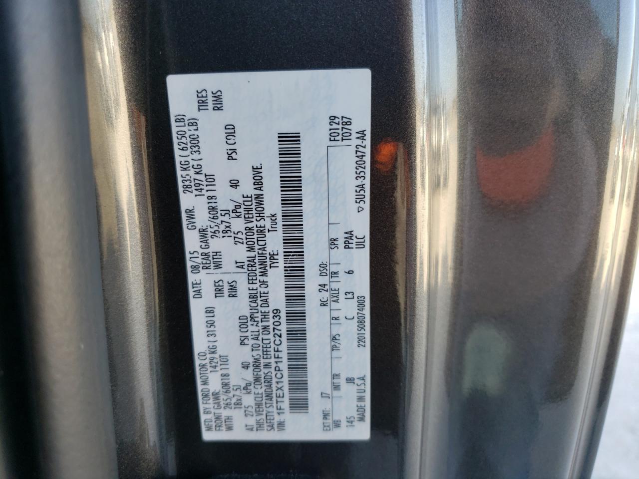 Photo 10 from auction – 2015 FORD F150 SUPER with VIN 1FTEX1CP1FFC27039