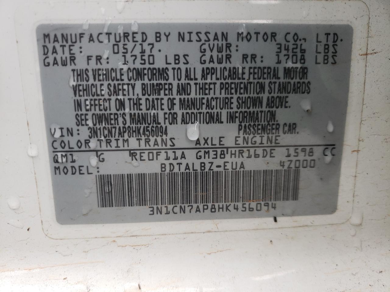 Photo 10 from auction – 2017 NISSAN VERSA S with VIN 3N1CN7AP8HK456094
