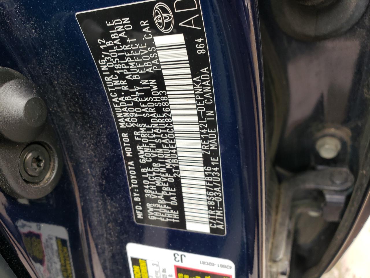 Photo 10 from auction – 2012 TOYOTA COROLLA BA with VIN 2T1BU4EE0CC826883