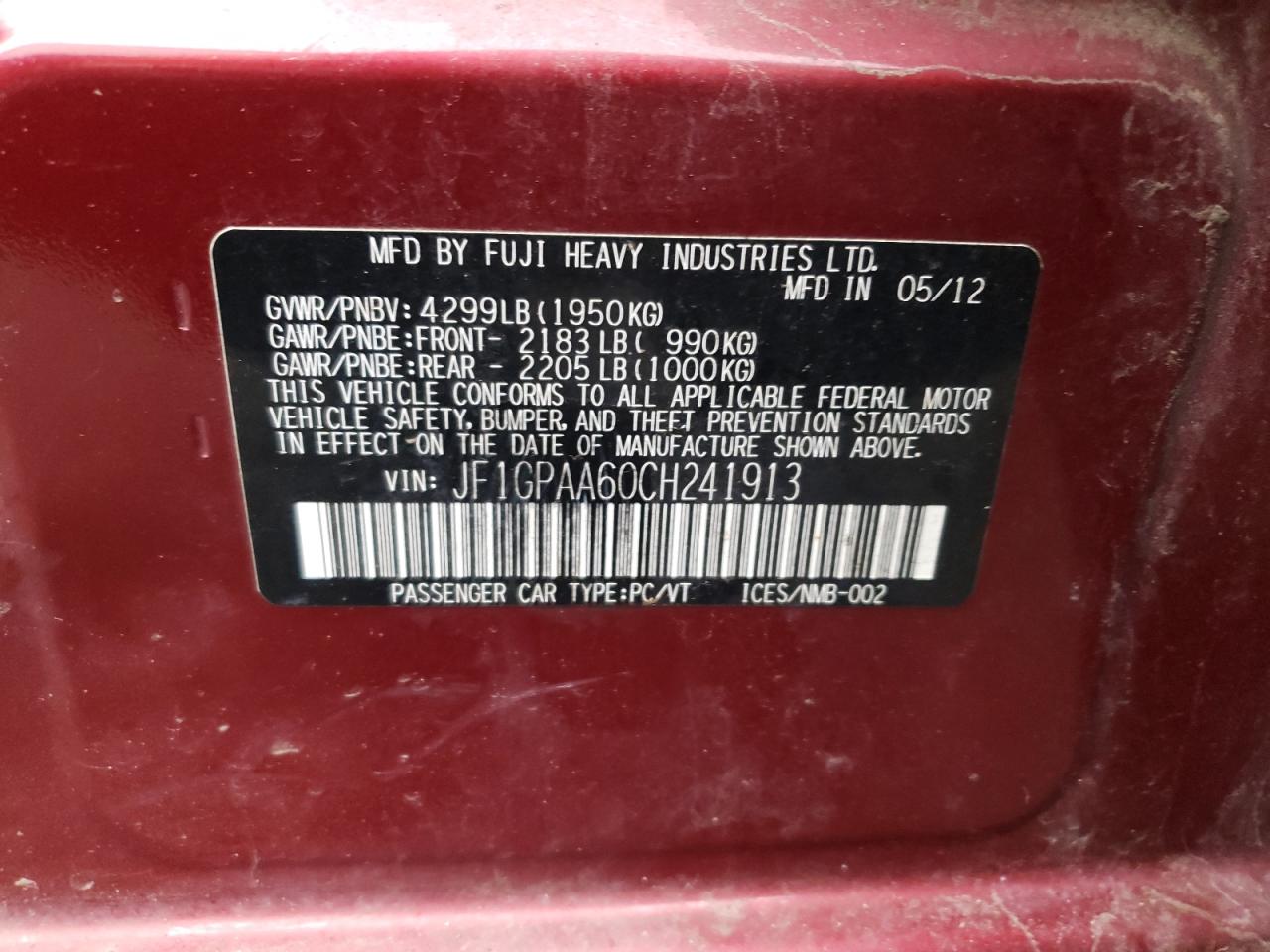 Photo 10 from auction – 2012 SUBARU IMPREZA with VIN JF1GPAA60CH241913