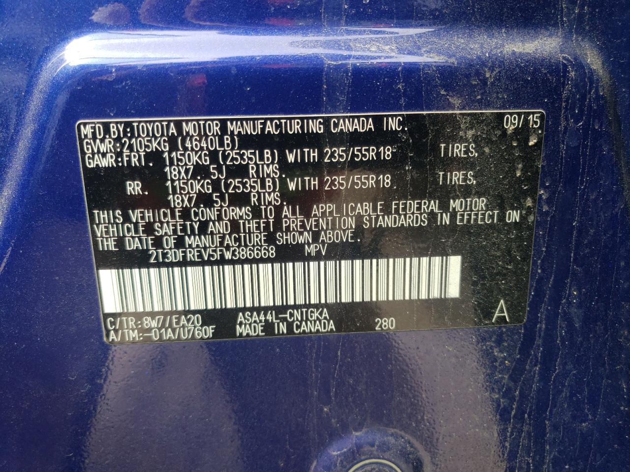 Photo 10 from auction – 2015 TOYOTA RAV4 LIMIT with VIN 2T3DFREV5FW386668