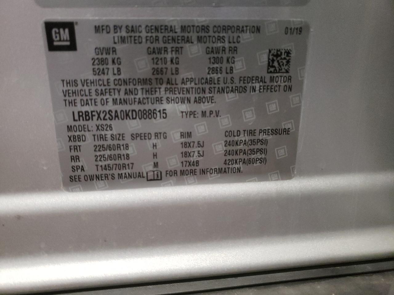 Photo 10 from auction – 2019 BUICK ENVISION E with VIN LRBFX2SA0KD088615