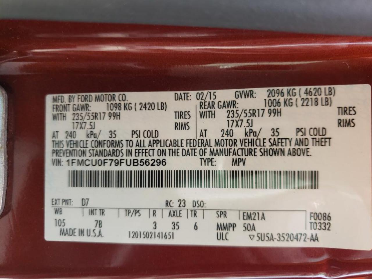 Photo 10 from auction – 2015 FORD ESCAPE S with VIN 1FMCU0F79FUB56296