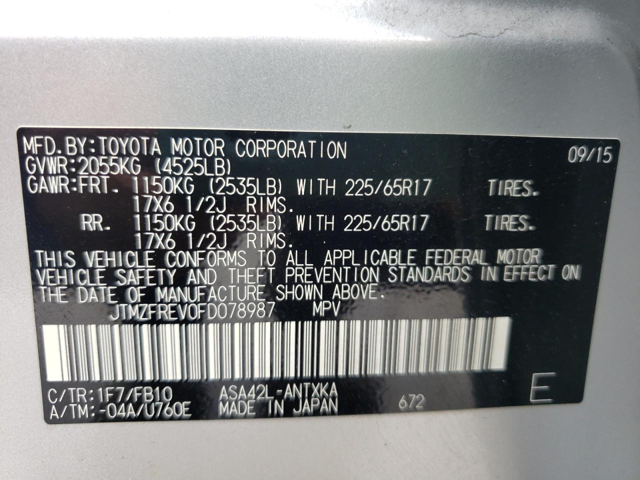 Photo 10 from auction – 2015 TOYOTA RAV4 LE with VIN JTMZFREV0FD078987