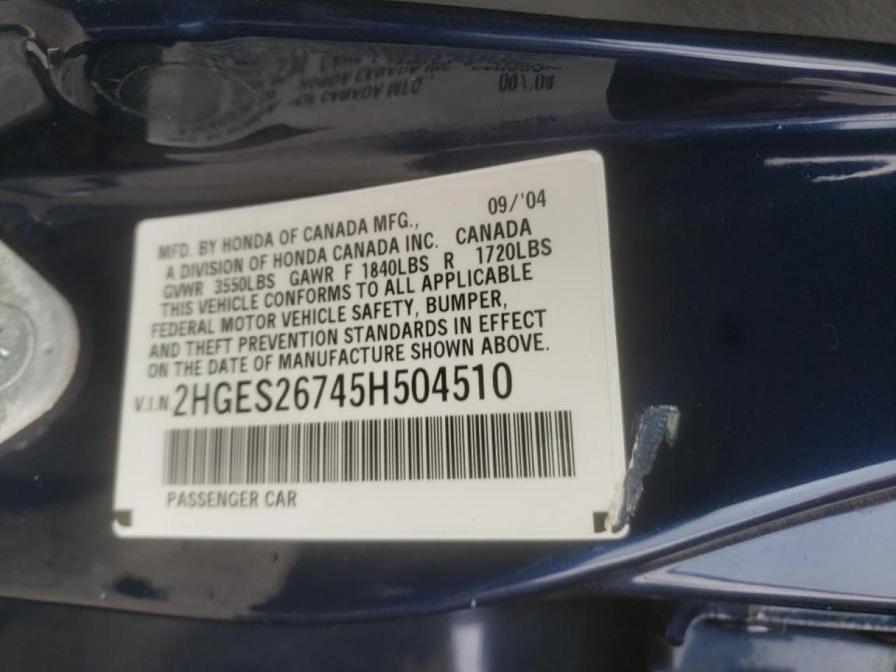 Photo 10 from auction – 2005 HONDA CIVIC EX with VIN 2HGES26745H504510