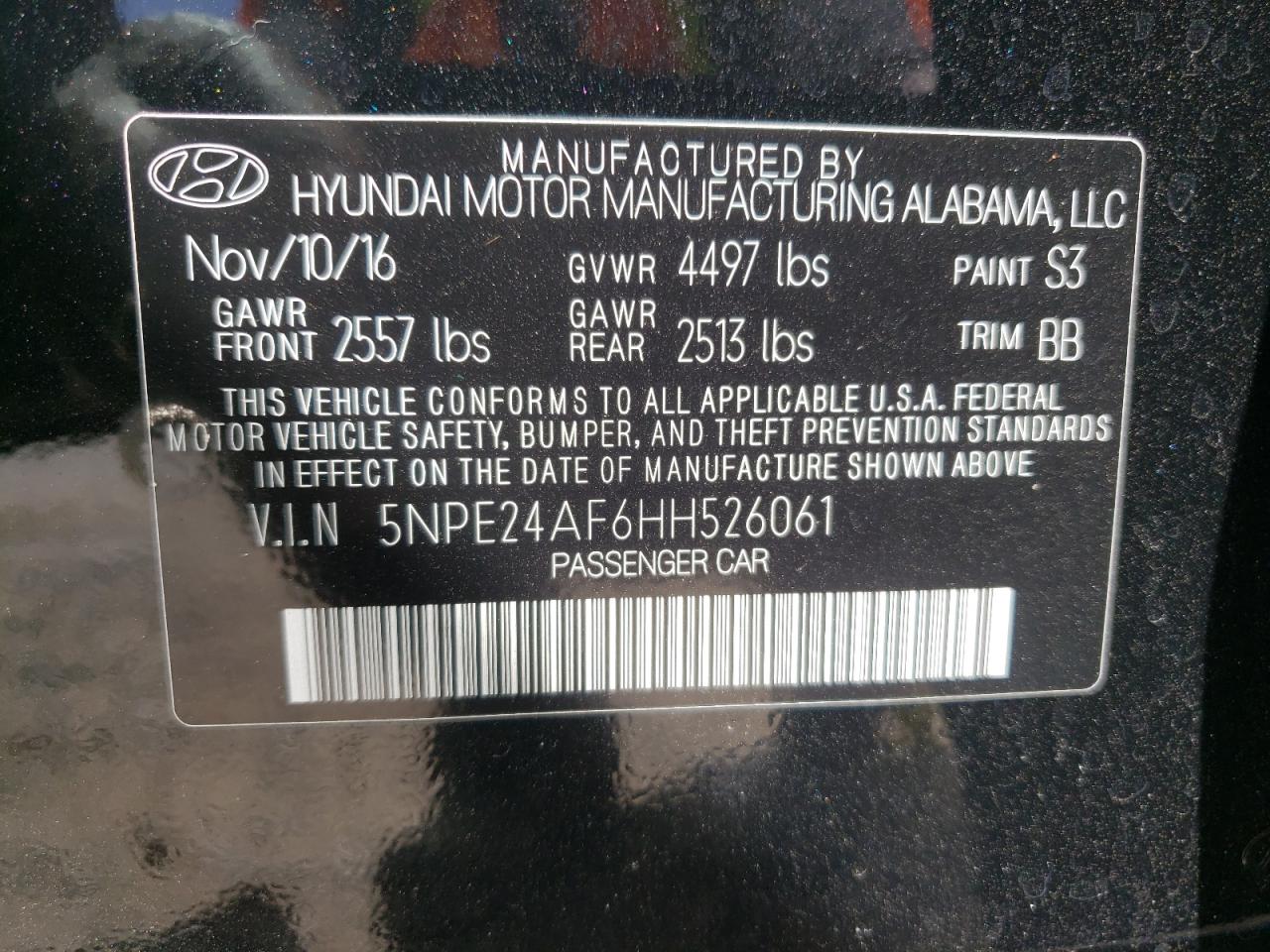 Photo 10 from auction – 2017 HYUNDAI SONATA SE with VIN 5NPE24AF6HH526061