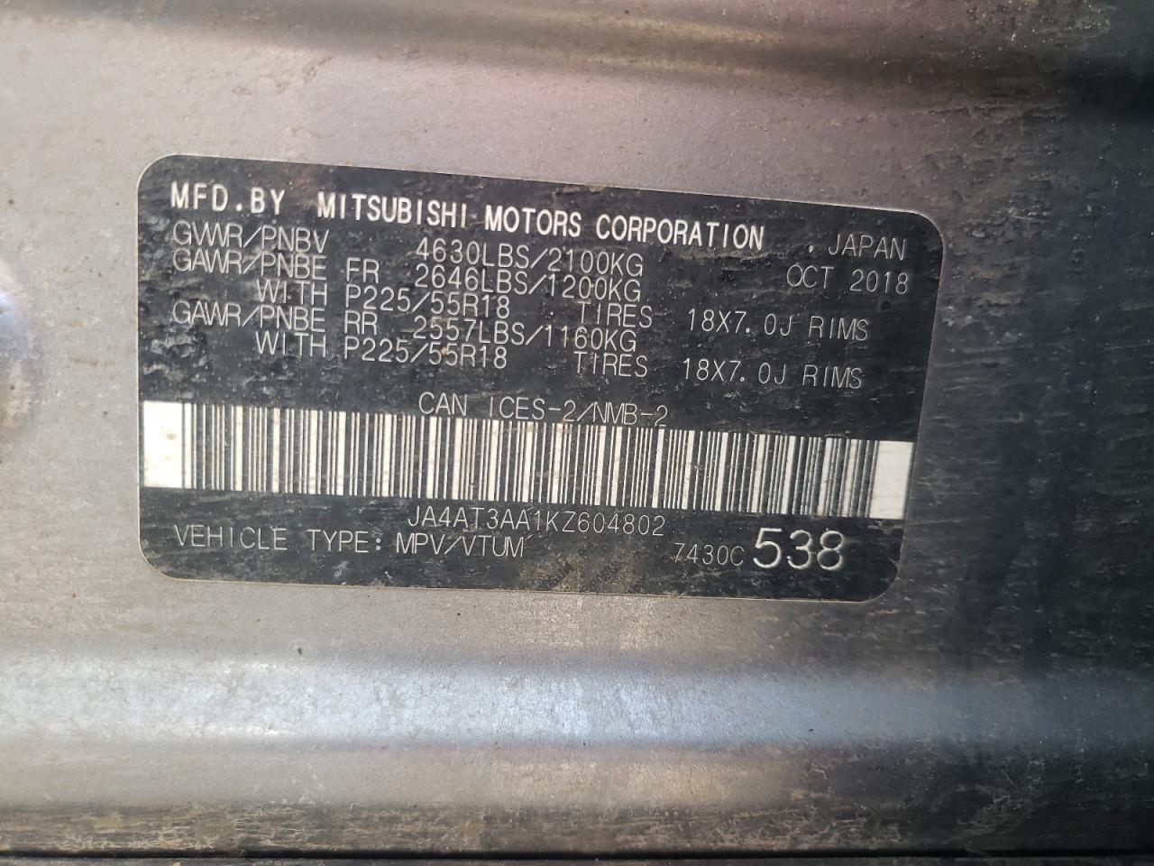 Photo 10 from auction – 2019 MITSUBISHI ECLIPSE CR with VIN JA4AT3AA1KZ604802
