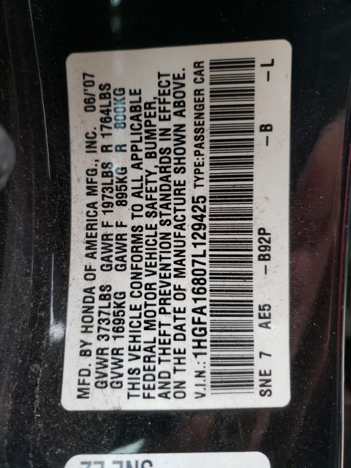 Photo 10 from auction – 2007 HONDA CIVIC EX with VIN 1HGFA16807L129425