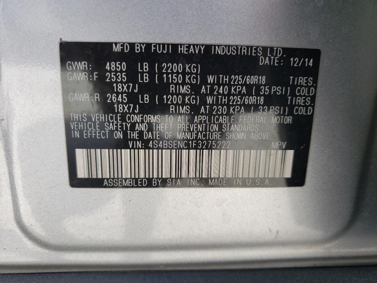 Photo 10 from auction – 2015 SUBARU OUTBACK 3. with VIN 4S4BSENC1F3275222