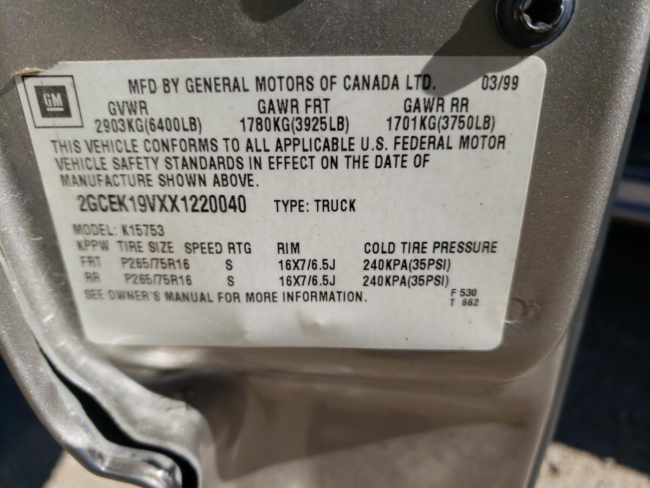 Photo 10 from auction – 1999 CHEVROLET SILVERADO with VIN 2GCEK19VXX1220040
