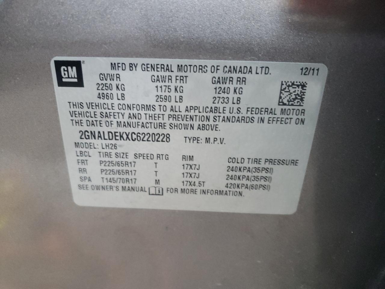 Photo 10 from auction – 2012 CHEVROLET EQUINOX LT with VIN 2GNALDEKXC6220228