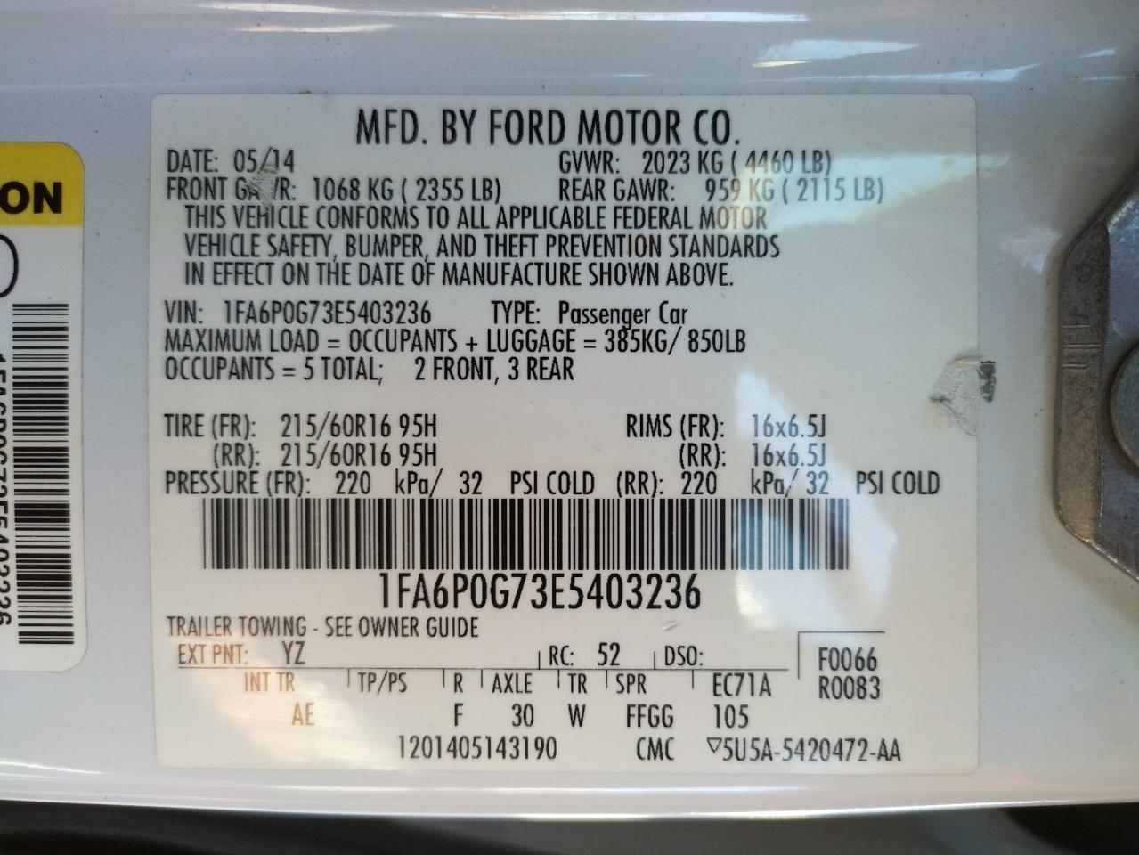 Photo 10 from auction – 2014 FORD FUSION S with VIN 1FA6P0G73E5403236