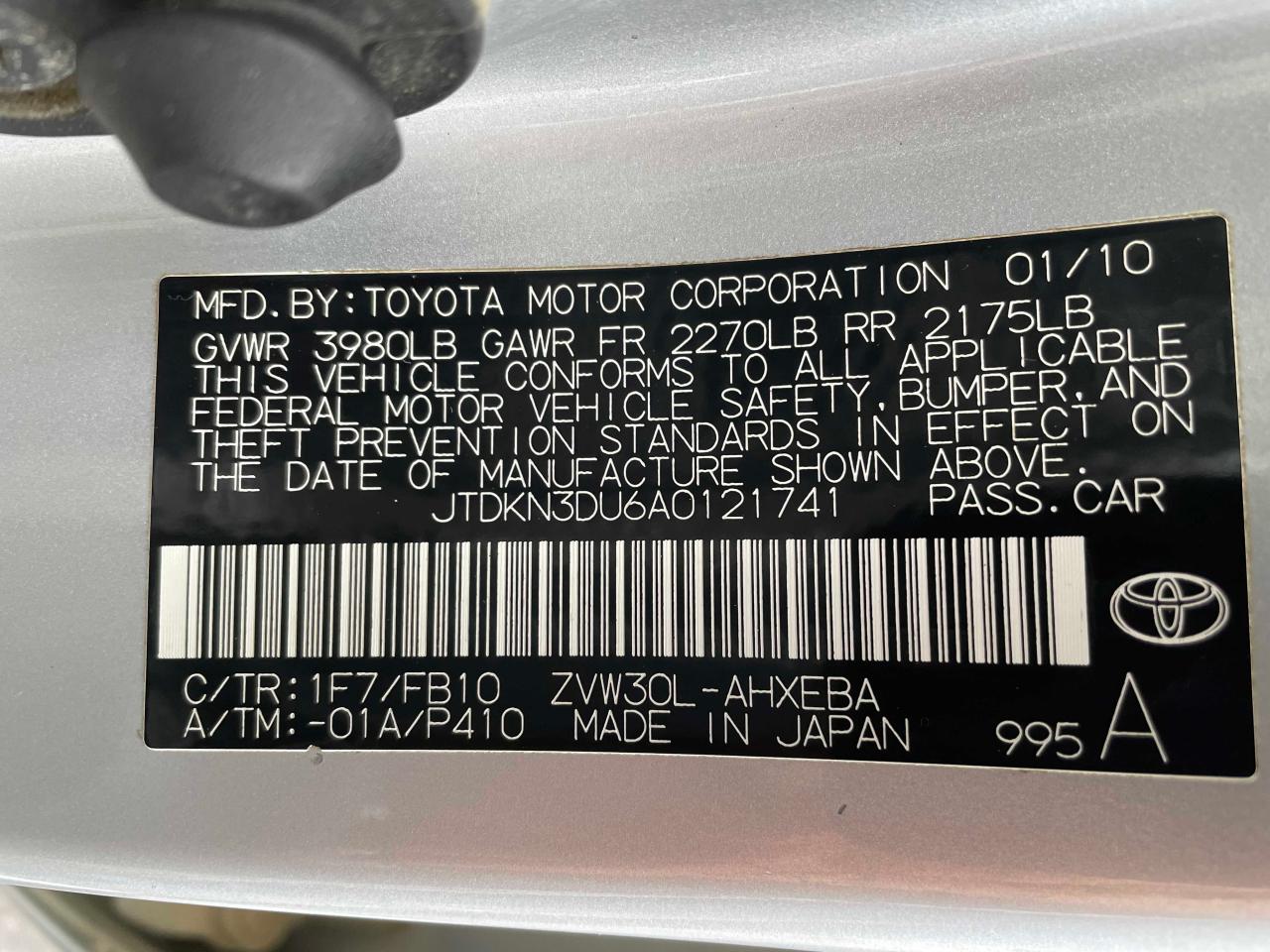 Photo 10 from auction – 2010 TOYOTA PRIUS with VIN JTDKN3DU6A0121741