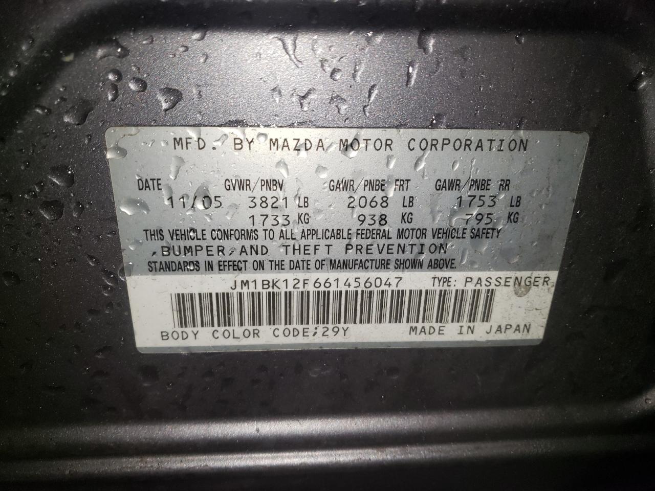Photo 10 from auction – 2006 MAZDA 3 I with VIN JM1BK12F661456047