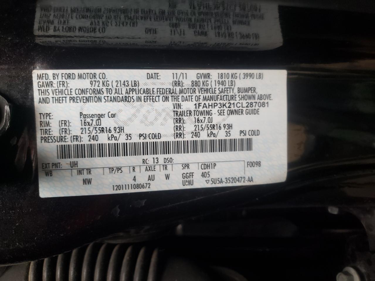 Photo 10 from auction – 2012 FORD FOCUS SE with VIN 1FAHP3K21CL287081