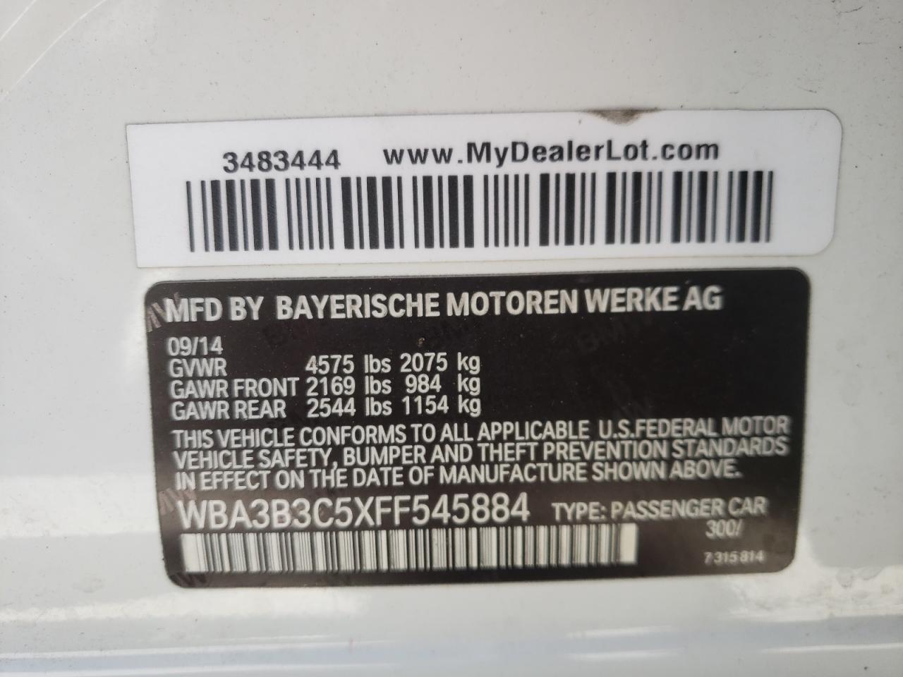 Photo 10 from auction – 2015 BMW 328 XI with VIN WBA3B3C5XFF545884
