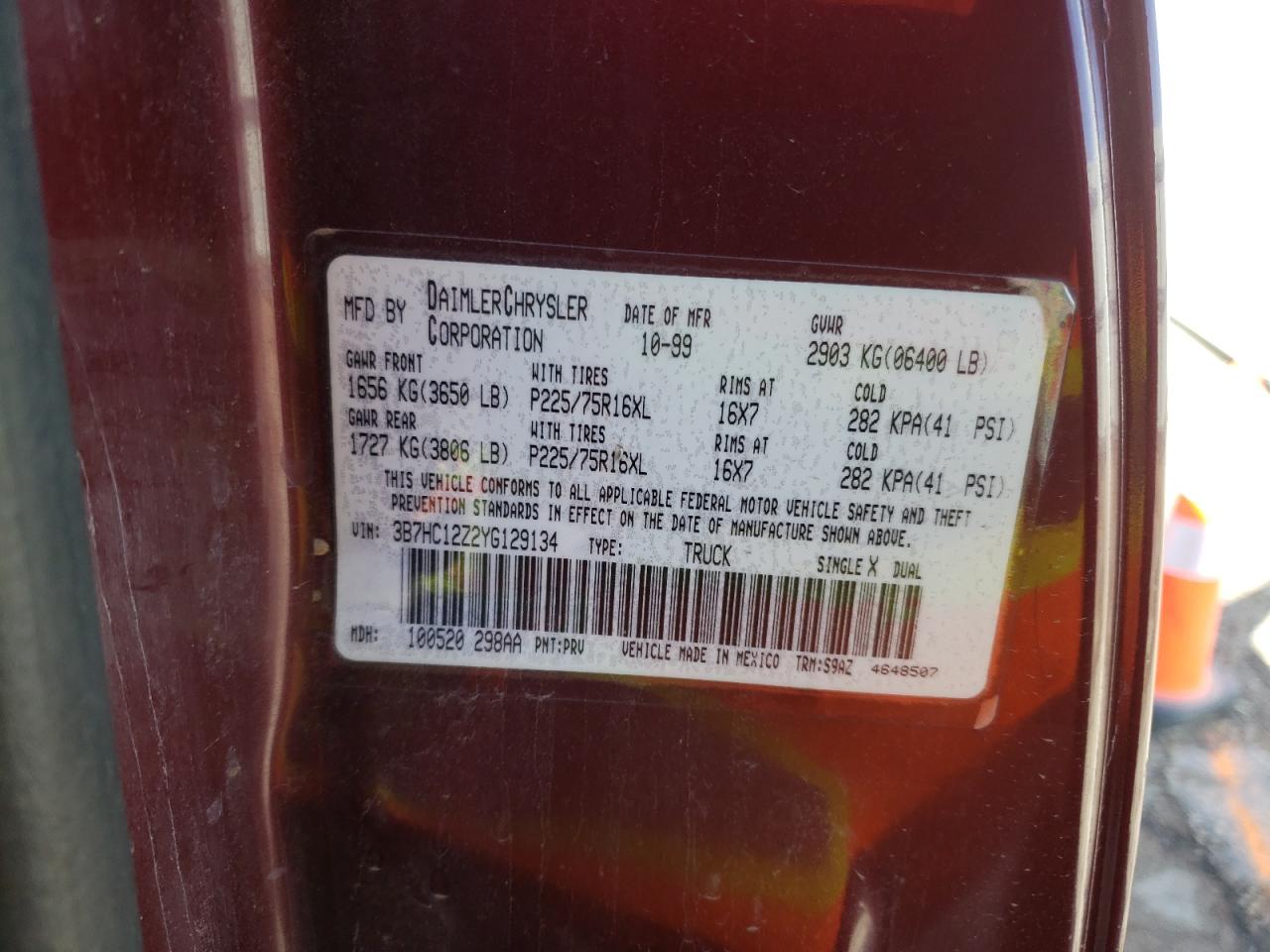 Photo 10 from auction – 2000 DODGE RAM 1500 with VIN 3B7HC12Z2YG129134
