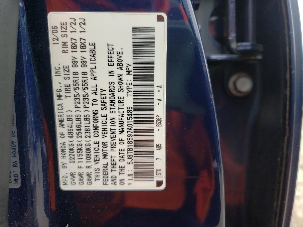 Photo 10 from auction – 2007 ACURA RDX TECHNO with VIN 5J8TB18597A015485